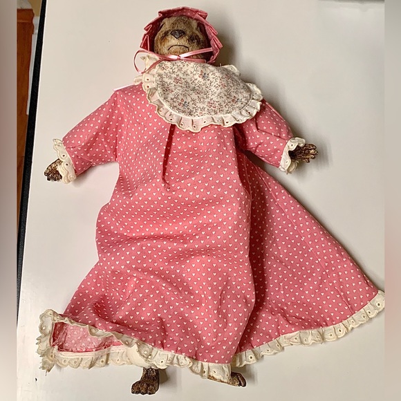 Vintage Artisan Hand Crafted Female Baby Doll Pink Dress Rabbit Head Baroque - Picture 2 of 15